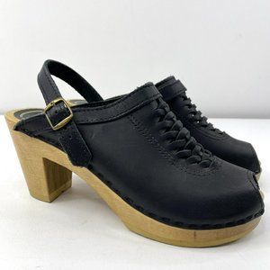 No. 6 Sven Clog Woven Slingback Peep Toe Wooden Heel Black Leather Shoes Size 38